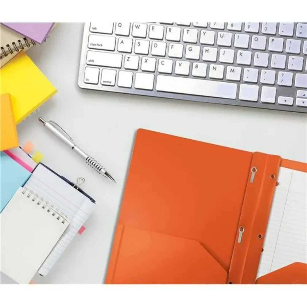 Better Office Products Orange Plastic 2 Pocket Folders with Prongs Metal 24 Pack